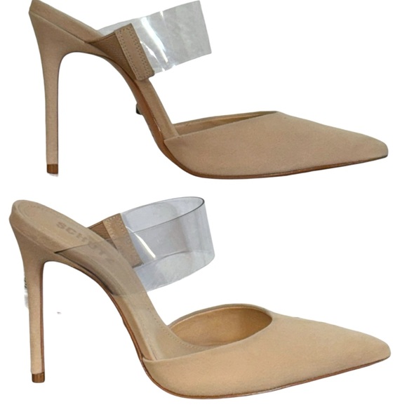 Schutz Sionne Clear Strap Suede Pointed Toe Stiletto Mule Tan 7.5 - Picture 3 of 11